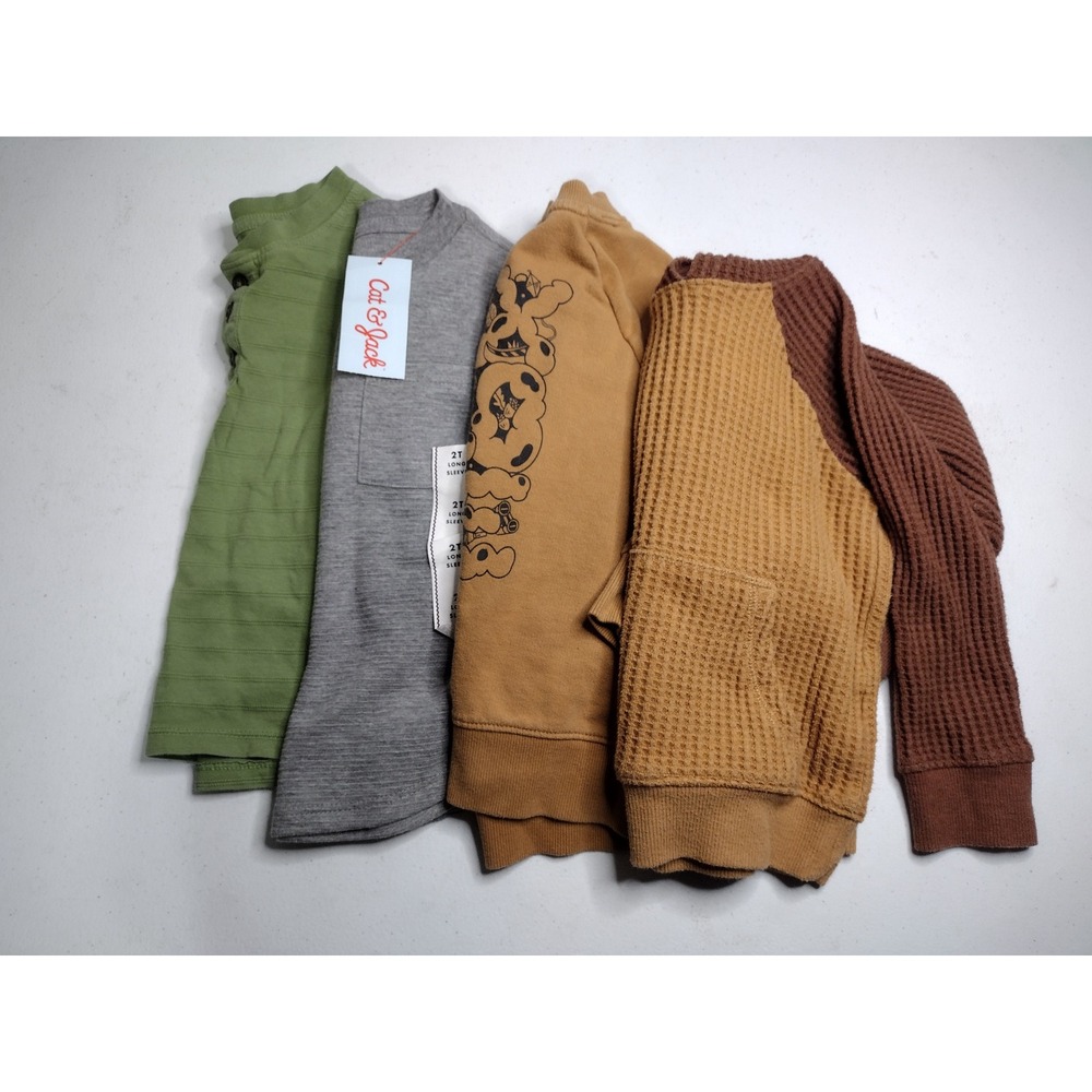 Cat & Jack Toddler Boys 4pc Long Sleeve Top Bundle 2T Green Grey Mustard Brown‎